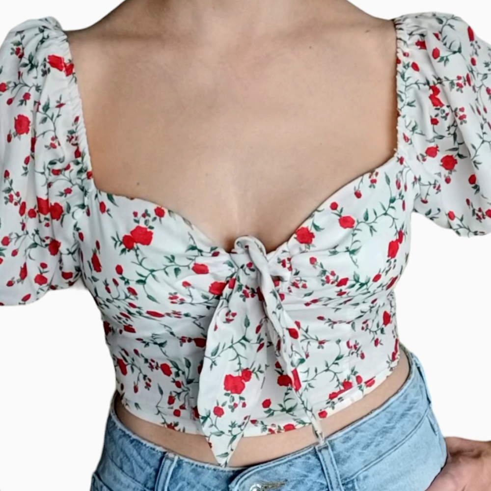 Milkmaid Floral Crop Top Sweetheart Tie Flounce Neckline Romantic Coquette